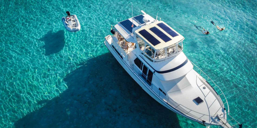 A boat using BougeRV’s YUMA CIGS flexible solar panels
