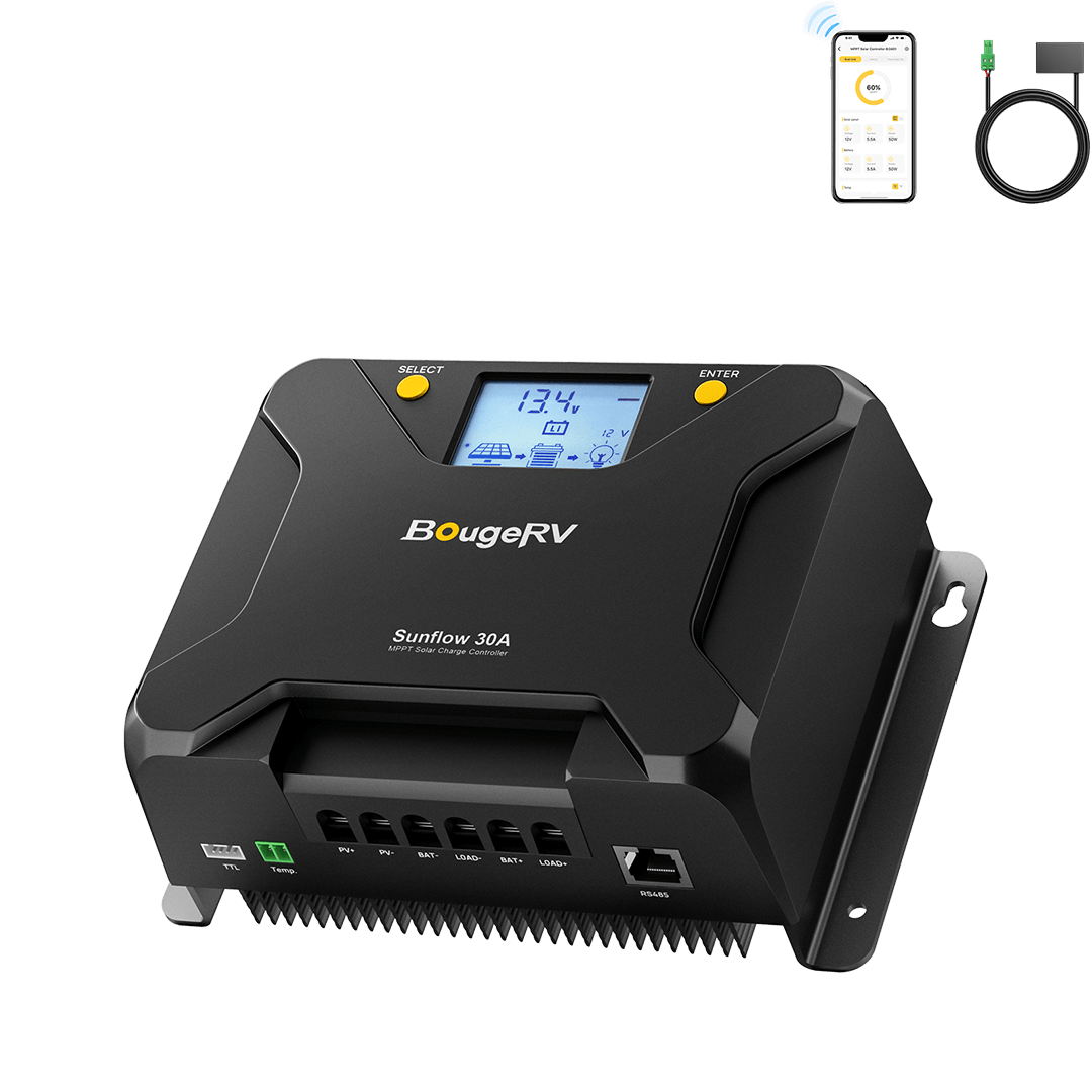 BougeRV Sunflow 30A MPPT solar charge controller with a digital display