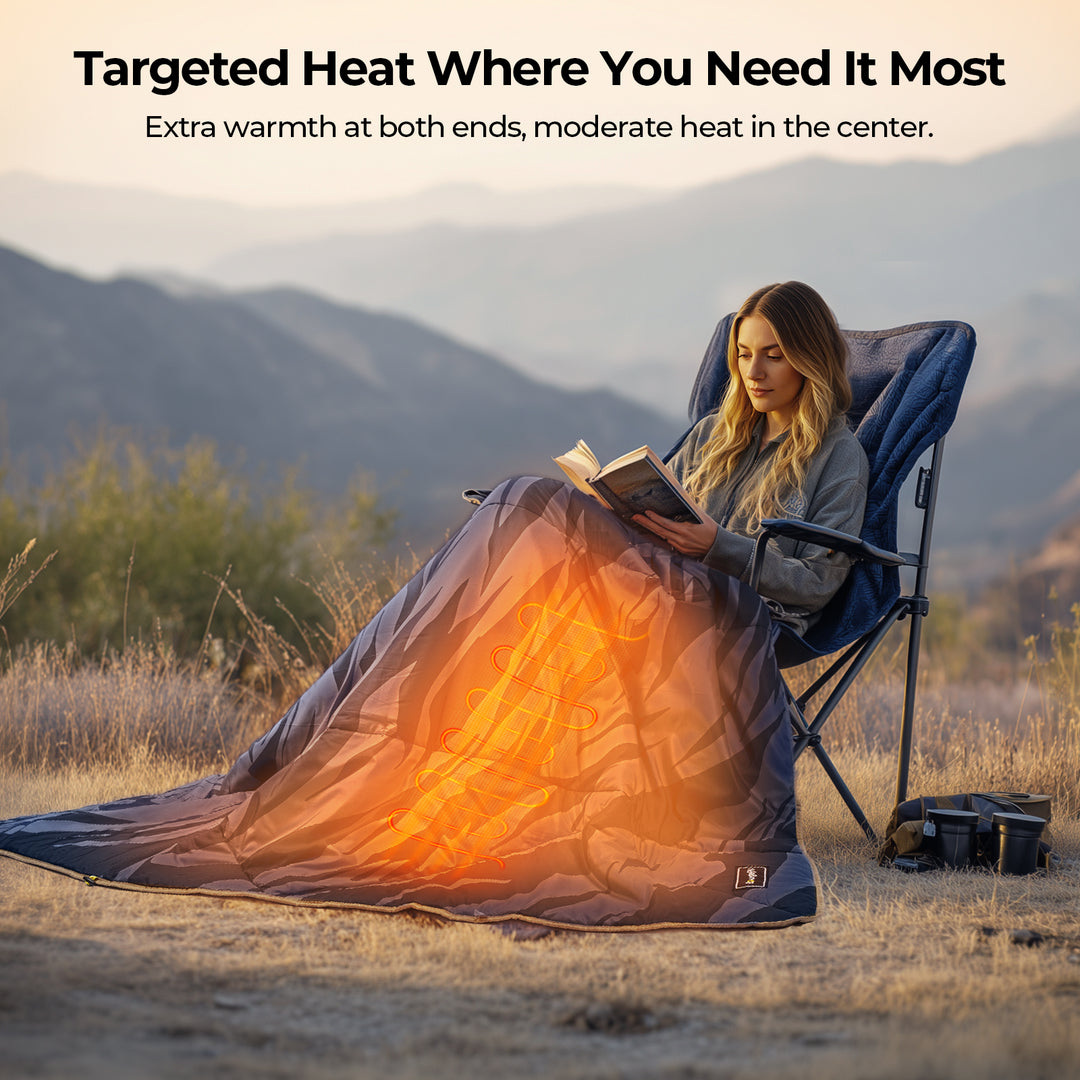 Person sitting in a chair with a BougeRV heated blanket for camping