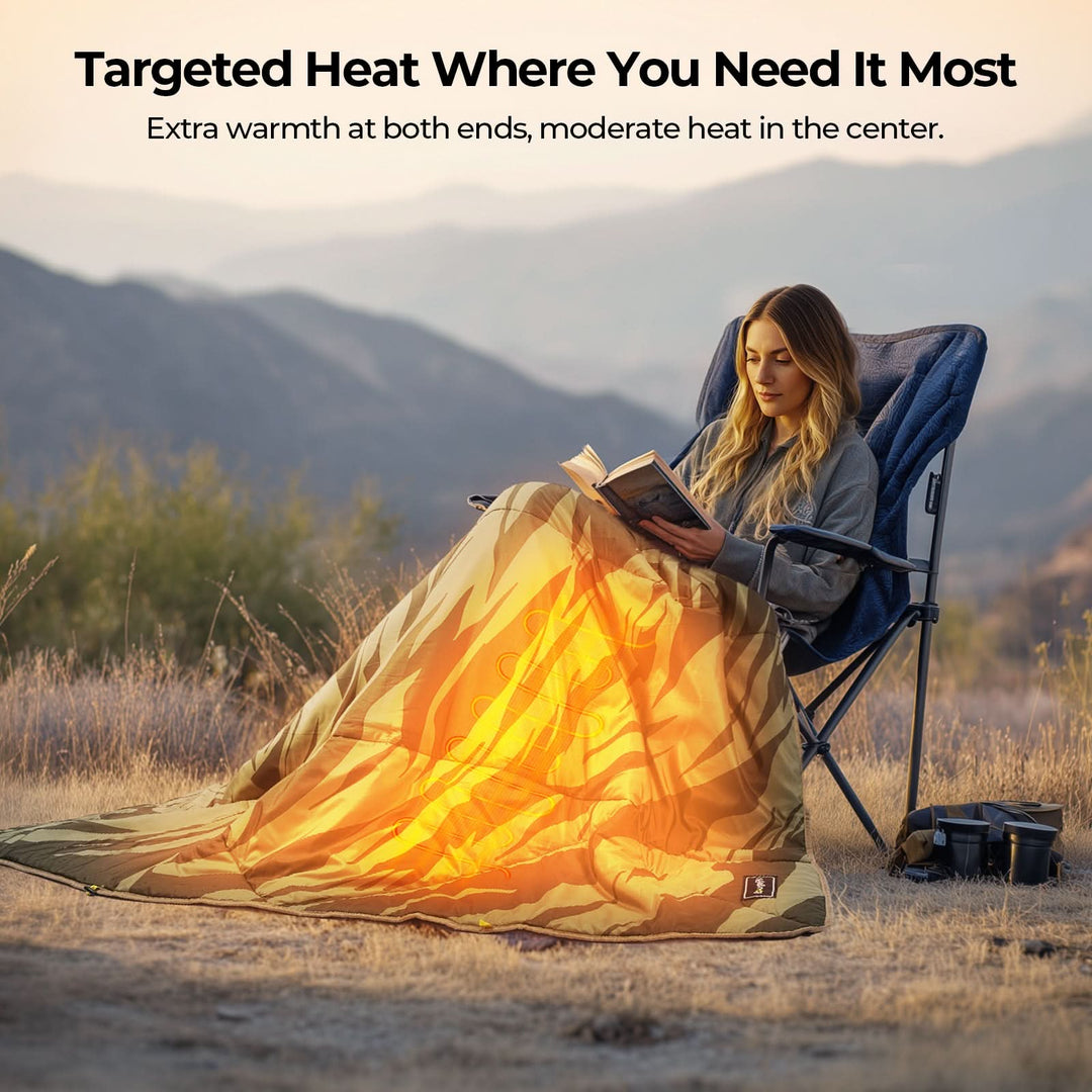 Person sitting in a camping chair with a 12V electric blanket