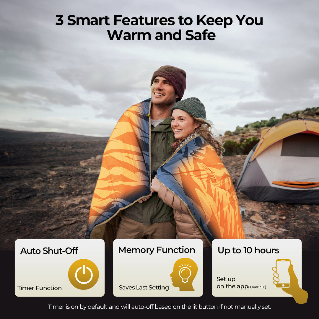 Two people wrapped in a BougeRV 12V heated blanket