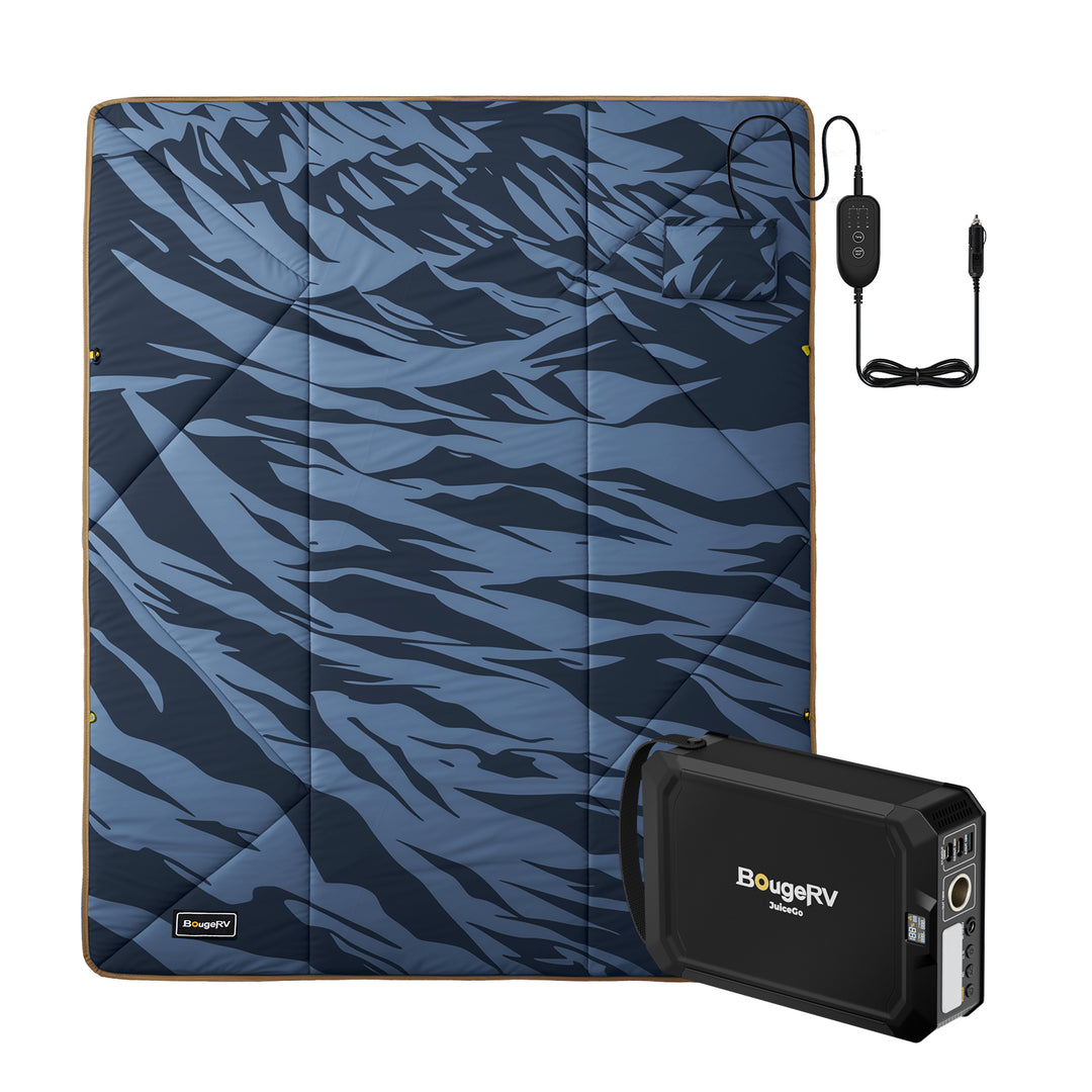 Blue camouflage heating blanket with power adapter and power station