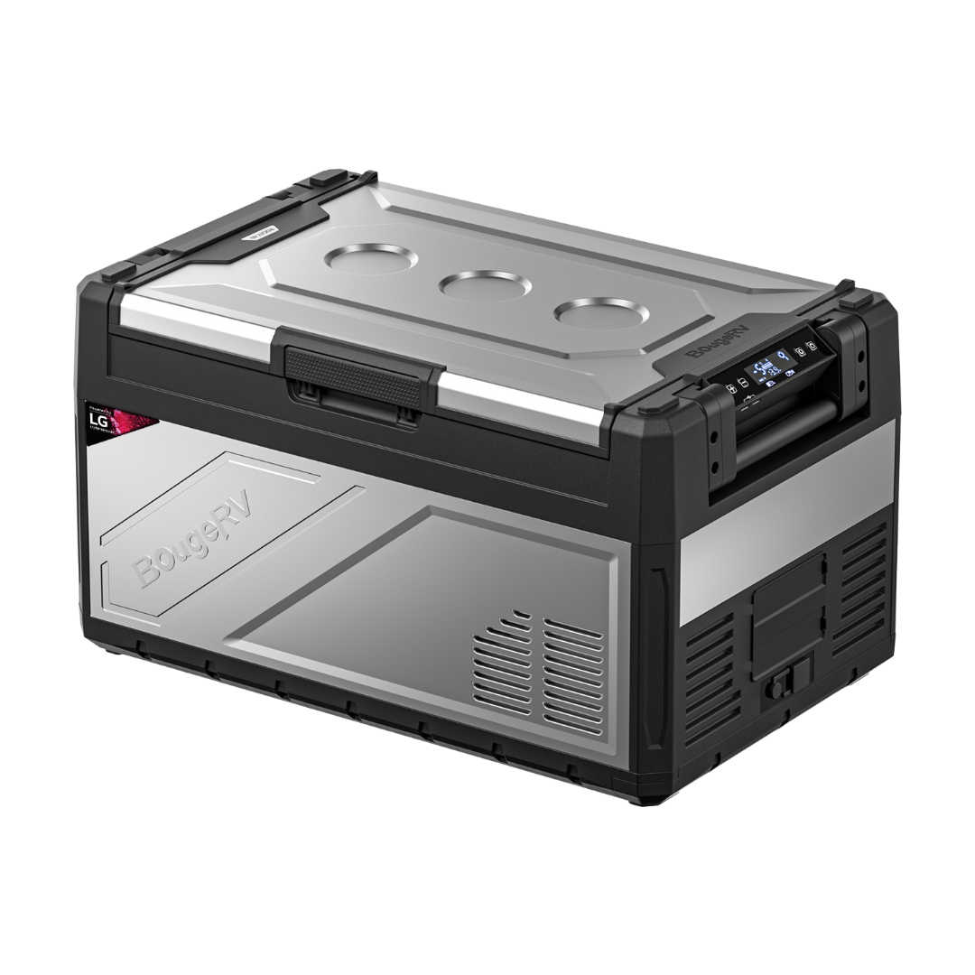 BougeRV Rocky 41QT Dual Zone 12V Portable Fridge with a digital display, front handles, and stainless steel exterior.