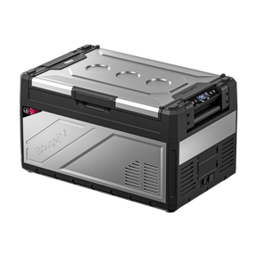 BougeRV Rocky 41QT Dual Zone 12V Portable Fridge with a digital display, front handles, and stainless steel exterior.