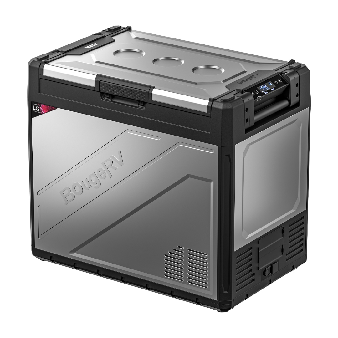 A silver BougeRV Rocky 81QT Dual Zone 12V Portable Fridge with a digital display, front-mounted handle, and vent-like features on the exterior.