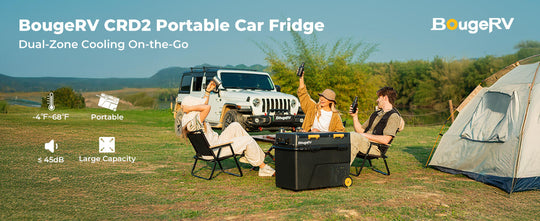 BougeRV CRD2 Portable Car Fridge with people camping outdoors.
