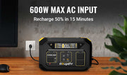 fast charging portable power station with 600w max AC input
