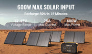 fast charging portable power station with 600w max solar input