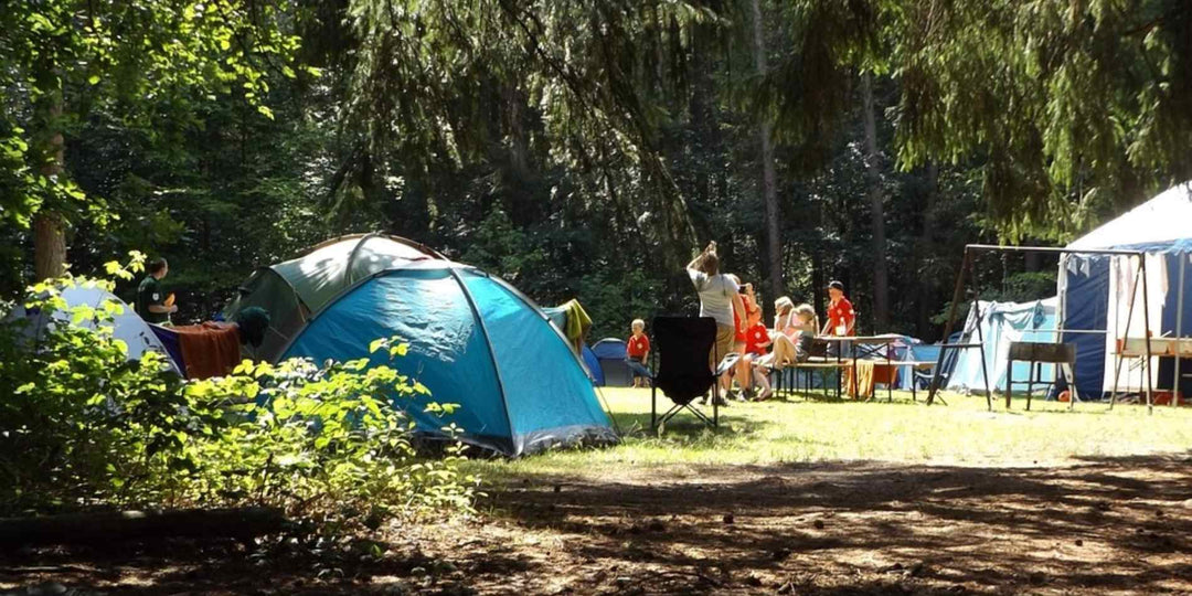 &nbsp;A group of people tent camping in the forest during the summer