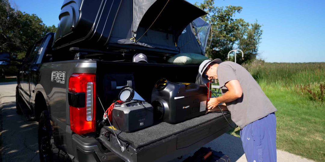 A man inspecting BougeRV's portable air conditioner