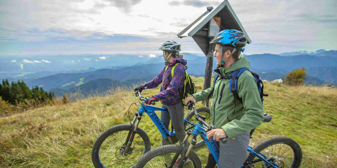Two cyclists are standing looking wonders at nature