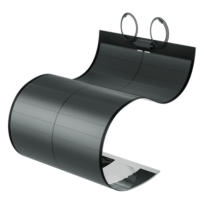 A compact, flexible BougeRV Yuma 100W CIGS solar panel designed to be portable or installed on curved surfaces