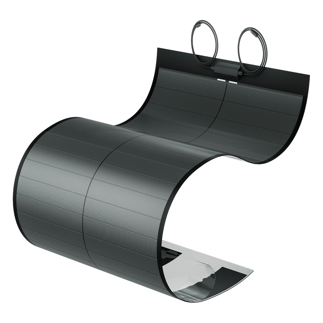 A compact, flexible BougeRV Yuma 100W CIGS solar panel designed to be portable or installed on curved surfaces