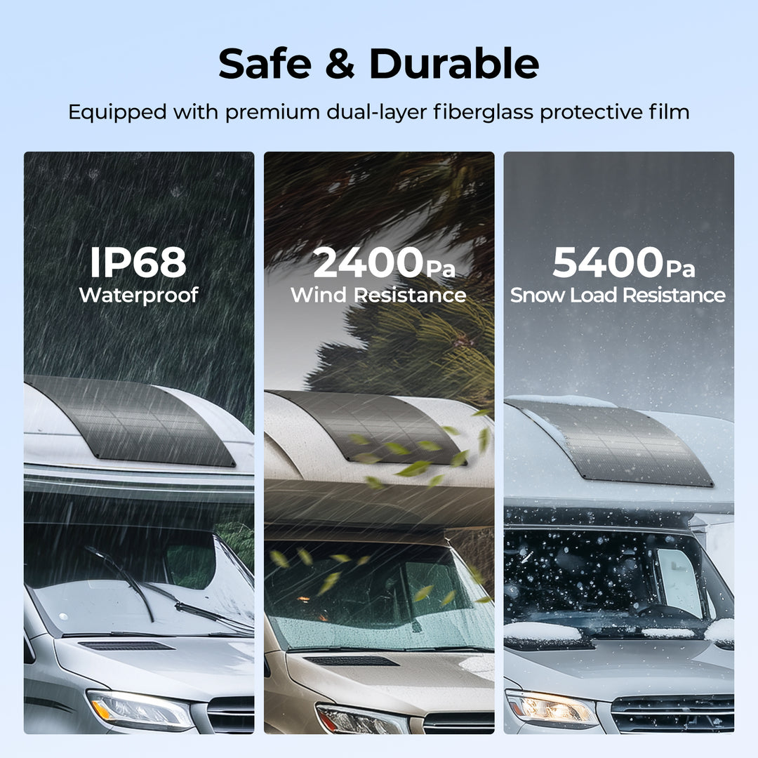 BougeRV Arch PRO 100w flexible solar panel working in all kinds of extreme weather