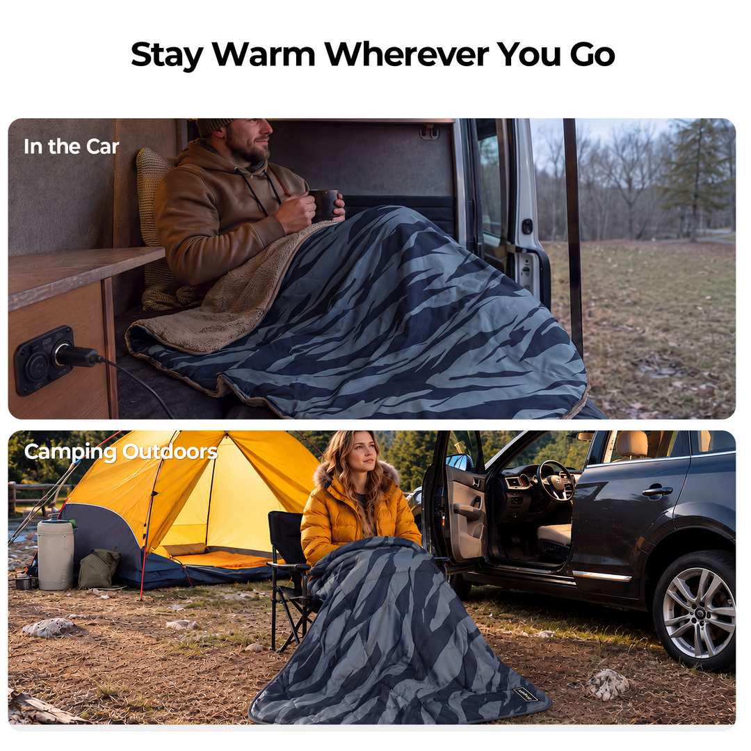 BougeRV 12V portable heated blanket for staying warm inside the car and outdoors while camping