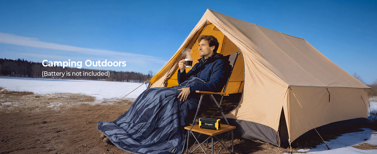 Person wearing a BougeRV portable heated blanket while moving around outdoors in cool weather