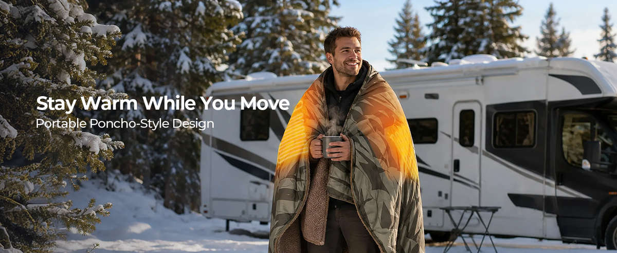 BougeRV 12V portable heated blanket with poncho-style design for staying warm while moving outdoors