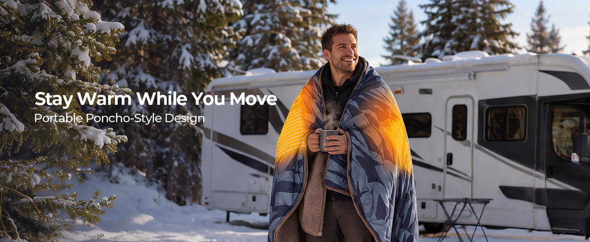 BougeRV 12V portable heated blanket with poncho-style design for staying warm while moving outdoors