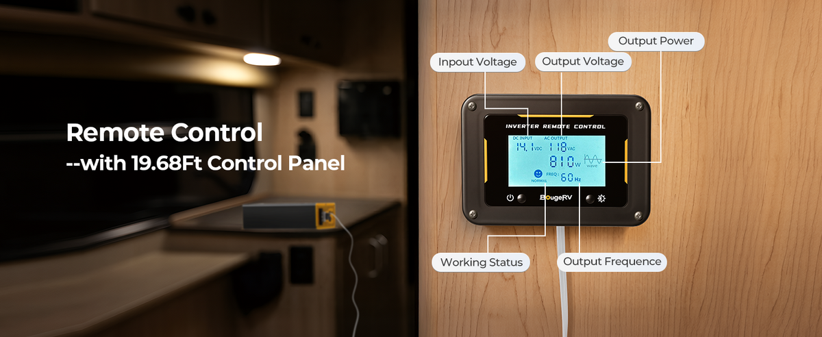BougeRV 1000W 12V inverter with 19.68-foot wired remote control panel for convenient power monitoring