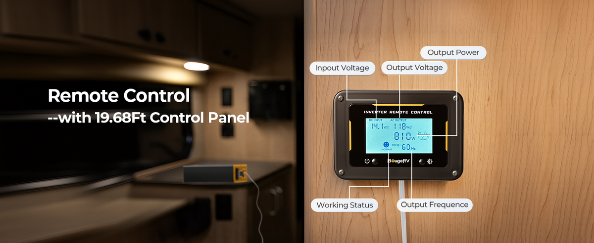 BougeRV 2000W 12V inverter with 19.68-foot wired remote control panel for convenient power monitoring