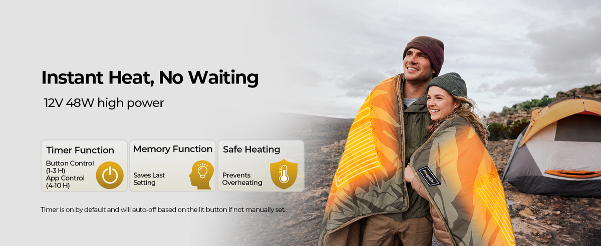 BougeRV 12V heated blanket with powerful heating, timer and memory function for camping and outdoor use