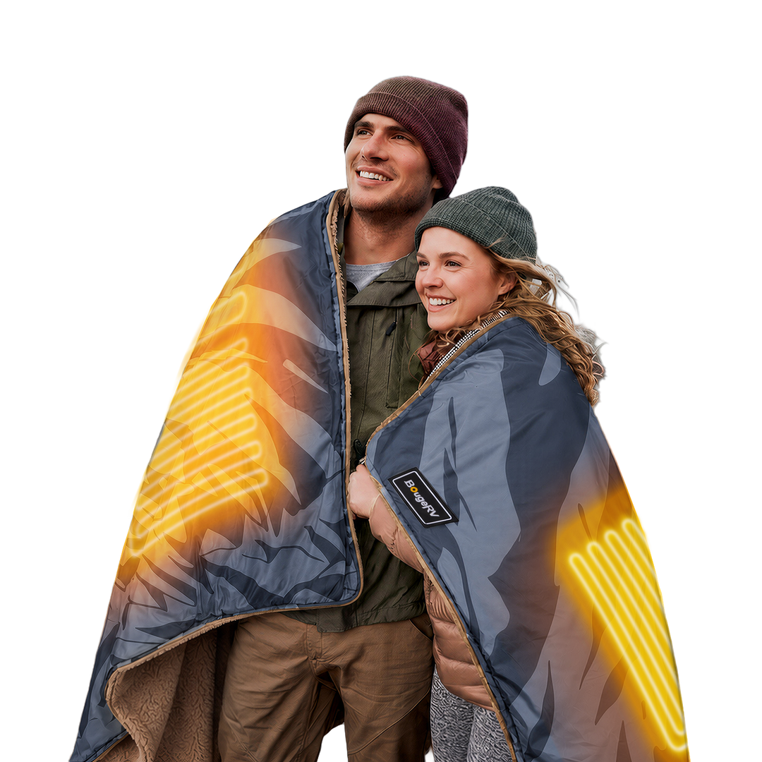 BougeRV 12V portable heated blanket with 48W heating, 5 heat levels, compact storage, app control, timer, overheat protection, and removable washable cover for camping