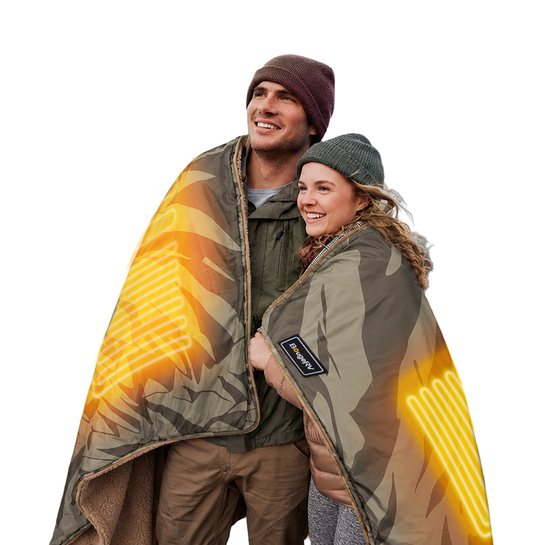 BougeRV 12V portable heated blanket with 48W heating, 5 heat levels, compact storage, app control, timer, overheat protection, and removable washable cover for camping