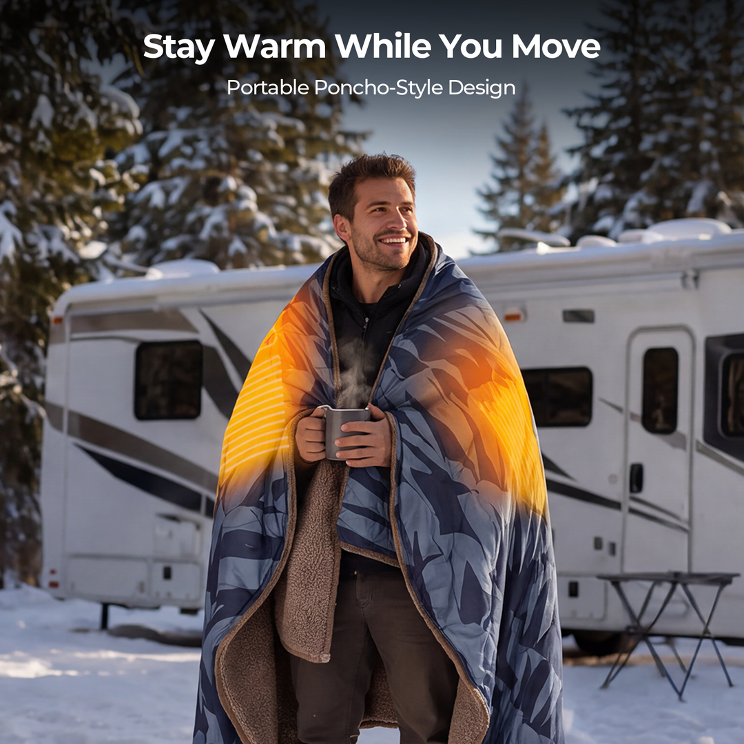BougeRV 12V portable heated blanket with poncho-style design for staying warm while moving outdoors