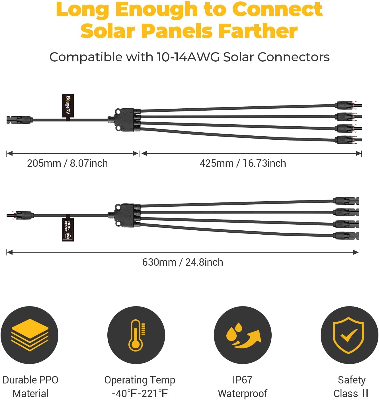 Solar Y Branch Connectors Extra Long Solar Panel Parallel Connectors 1 to 4 Solar Cable Wire Plug Tool Kit (2 Pairs/M/FFFF and F/MMMM)