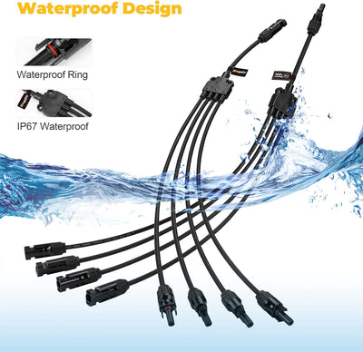 Solar Y Branch Connectors Extra Long Solar Panel Parallel Connectors 1 to 4 Solar Cable Wire Plug Tool Kit (2 Pairs/M/FFFF and F/MMMM)