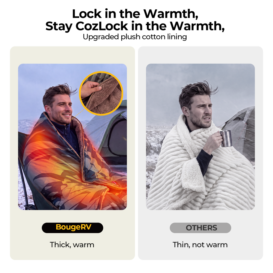 BougeRV heated blanket with upgraded plush cotton lining for soft warmth and comfortable outdoor use