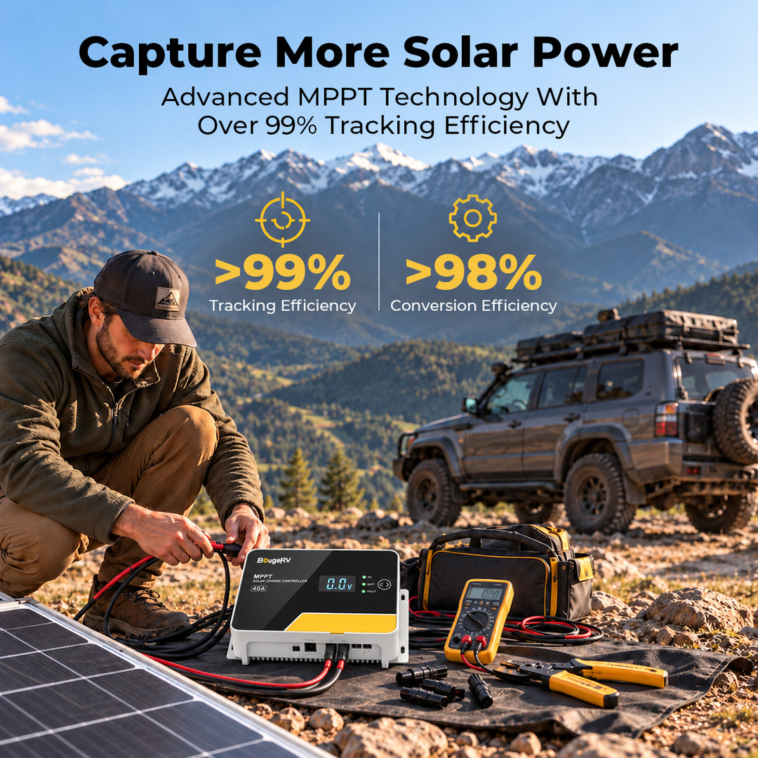 40A MPPT solar charge controller with over 99% tracking efficiency and over 98% conversion efficiency for higher solar energy harvest