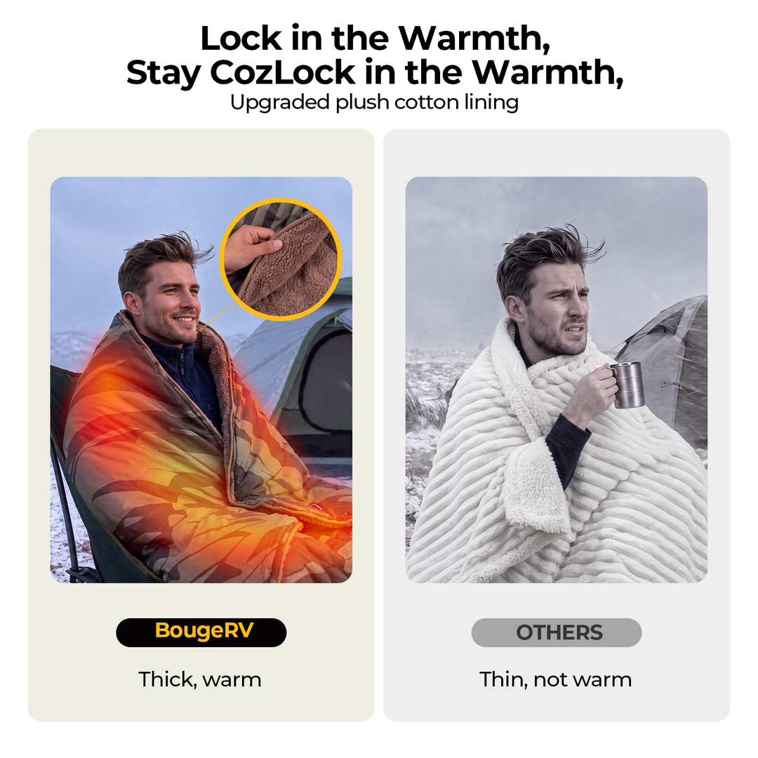 BougeRV heated blanket with upgraded plush cotton lining for soft warmth and comfortable outdoor use