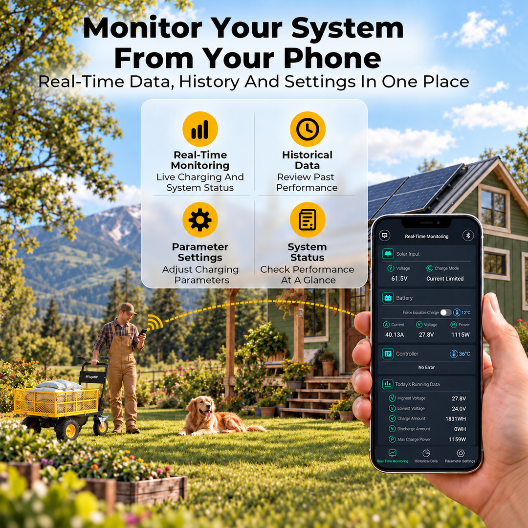 BougeRV 40A MPPT solar charge controller with real-time monitoring, historical data and charging parameter settings via mobile app