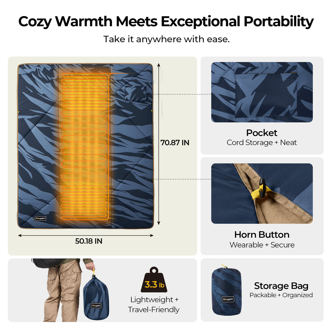 BougeRV 12V Outdoor Heated Blanket-5 Heat Settings, APP Remote Control(Blue)
