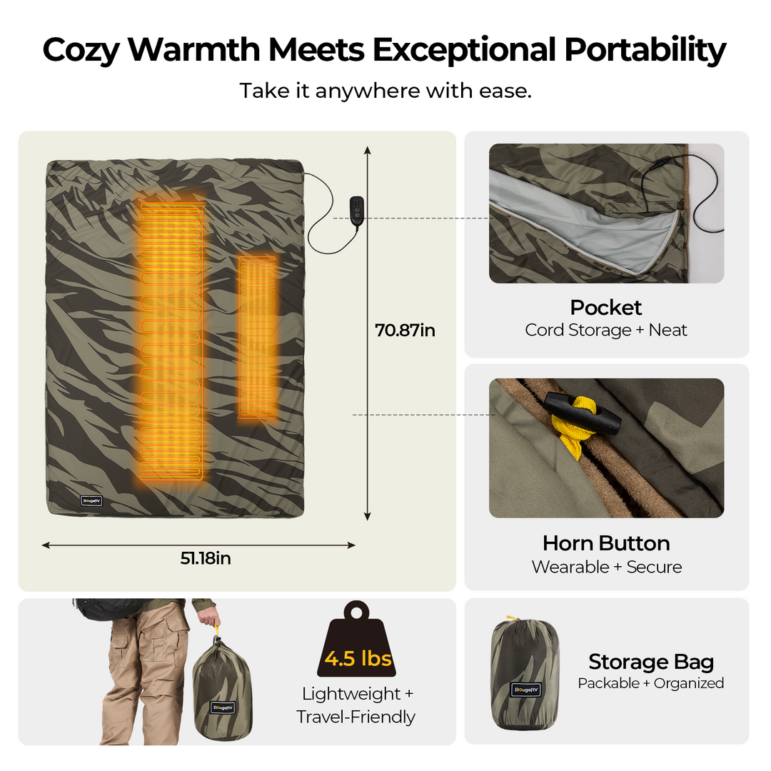 BougeRV portable heated blanket that can be worn as a shoulder wrap for camping, road trips, and outdoor activities