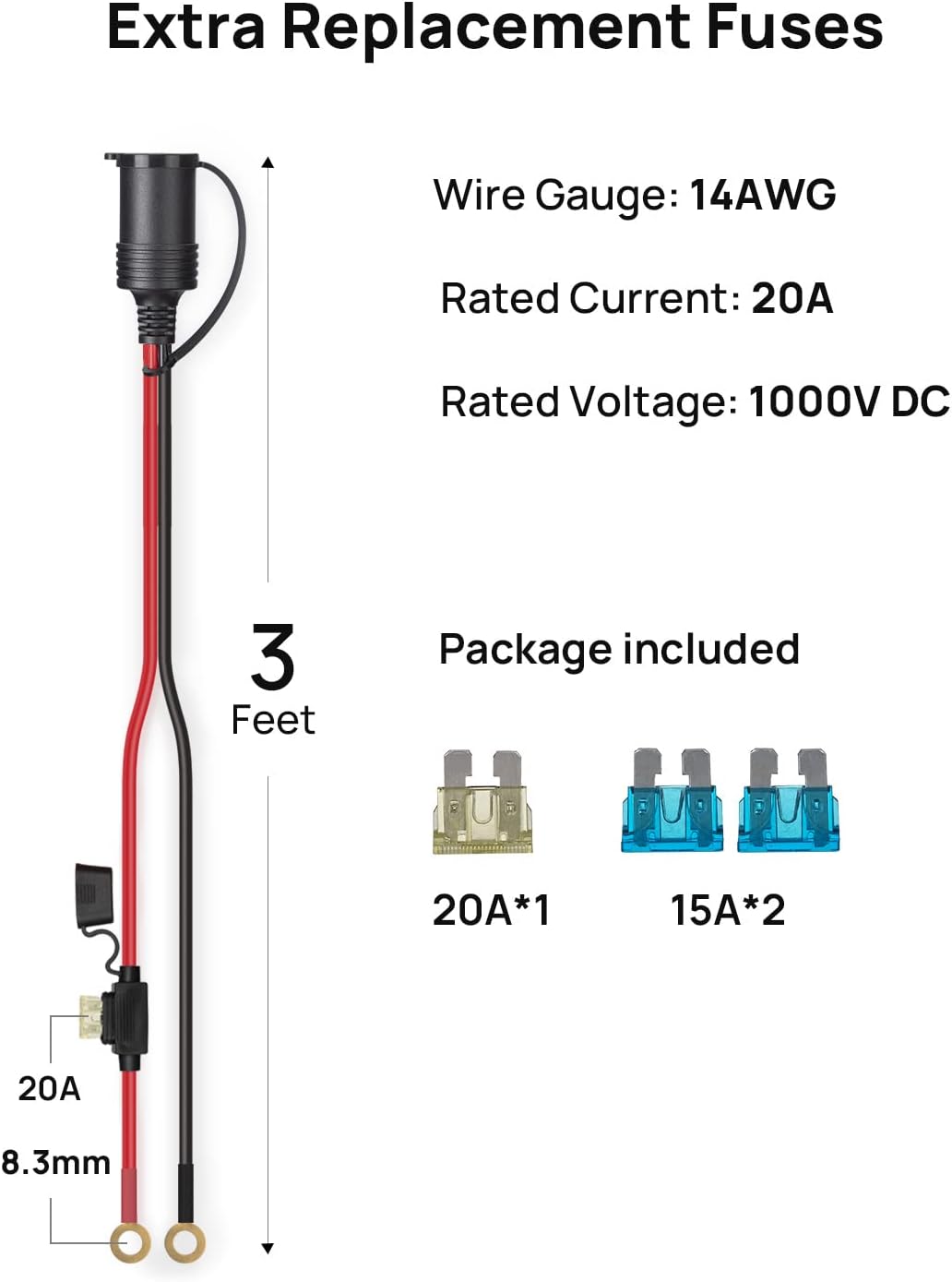 12V Car Female Cigarette Lighter Plug to Battery Eyelet Terminals Extension Cable with 20A Fuse 3 Feet 14AWG