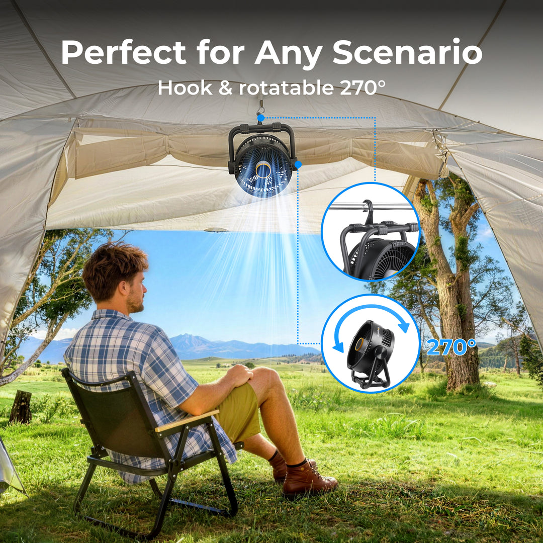 bougerv Portable outdoor fan with Hook & rotatable 270°