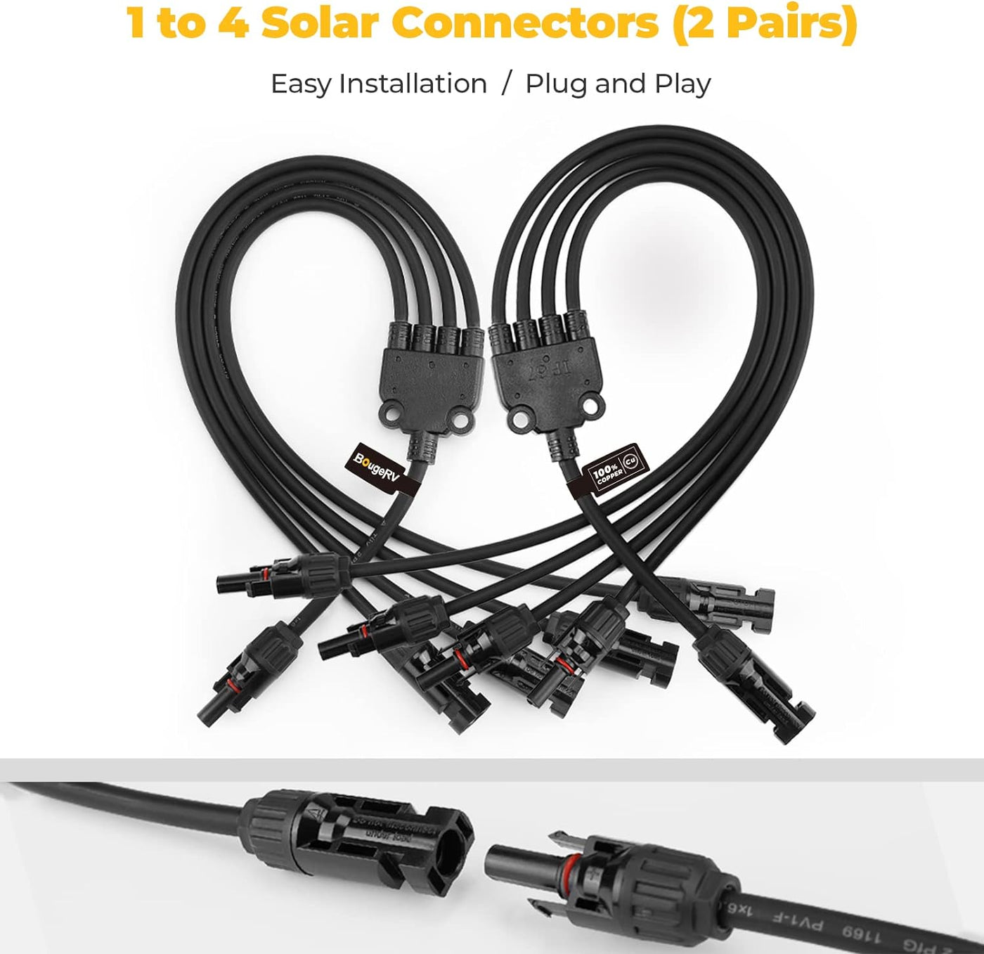Solar Y Branch Connectors Extra Long Solar Panel Parallel Connectors 1 to 4 Solar Cable Wire Plug Tool Kit (2 Pairs/M/FFFF and F/MMMM)
