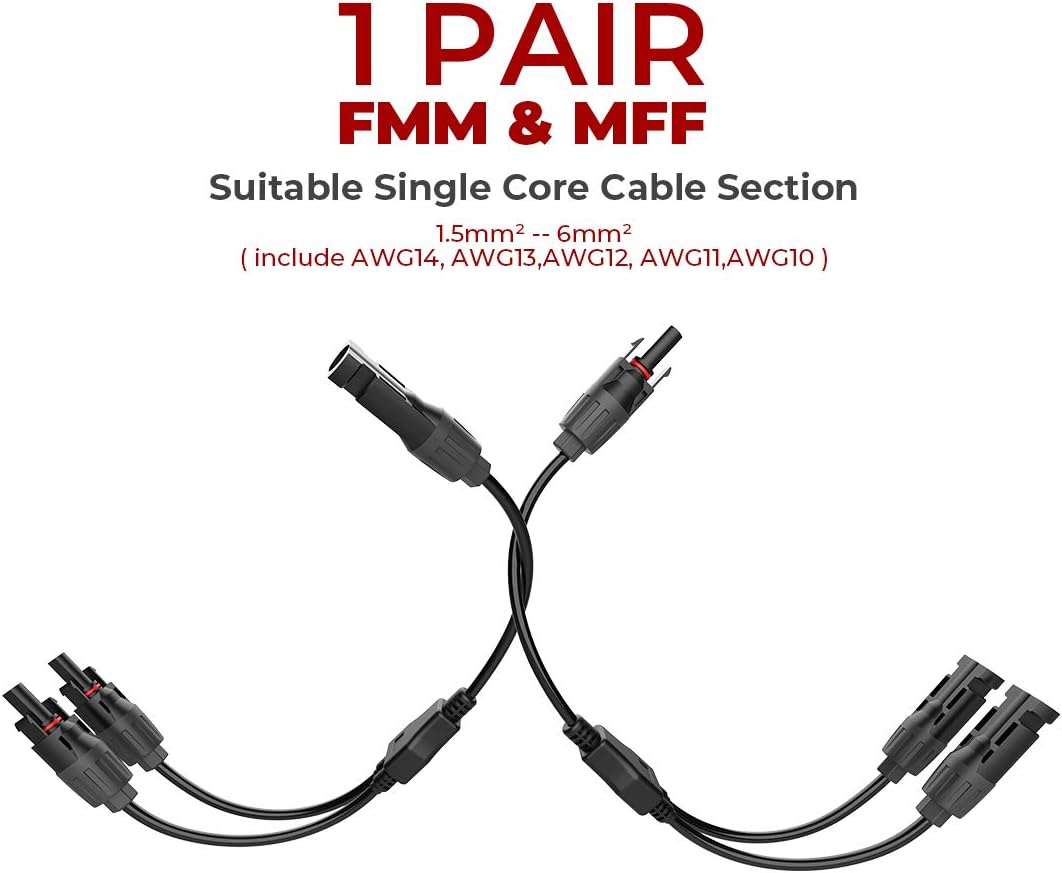 10Ft 10AWG Solar Extension Cable and 1 Pair of Solar Y Branch Parallel Connectors