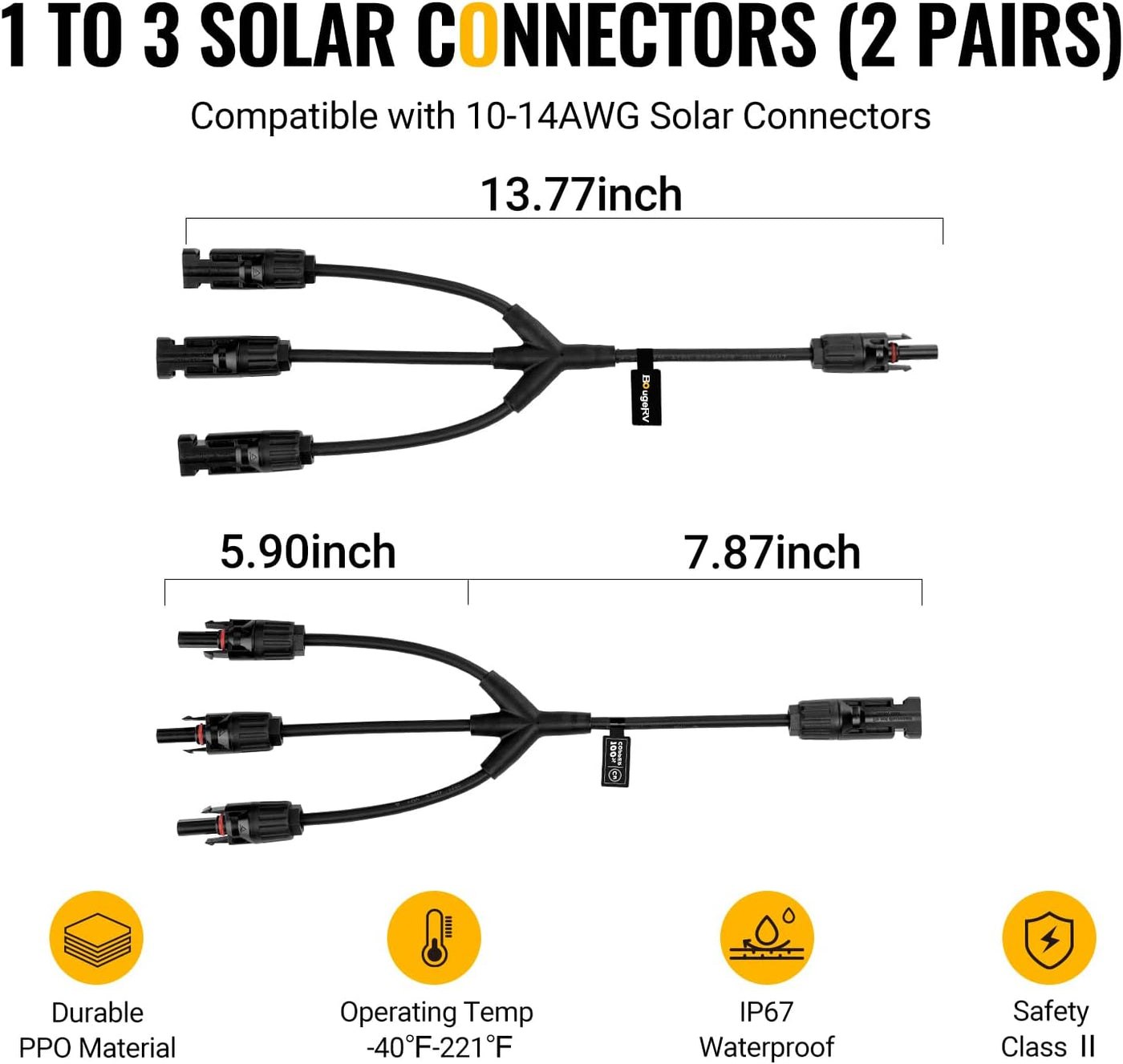 Solar Y Branch Connectors Solar Panel Parallel Connectors 1 to 3 Solar Cable Wire Plug Tool Kit (2 Pairs/M/FFF and F/MMM)
