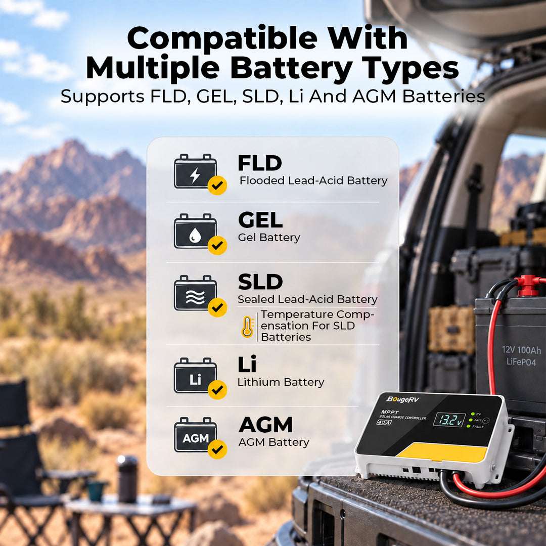 40A MPPT solar battery charge controller compatible with FLD GEL SLD Li and AGM batteries