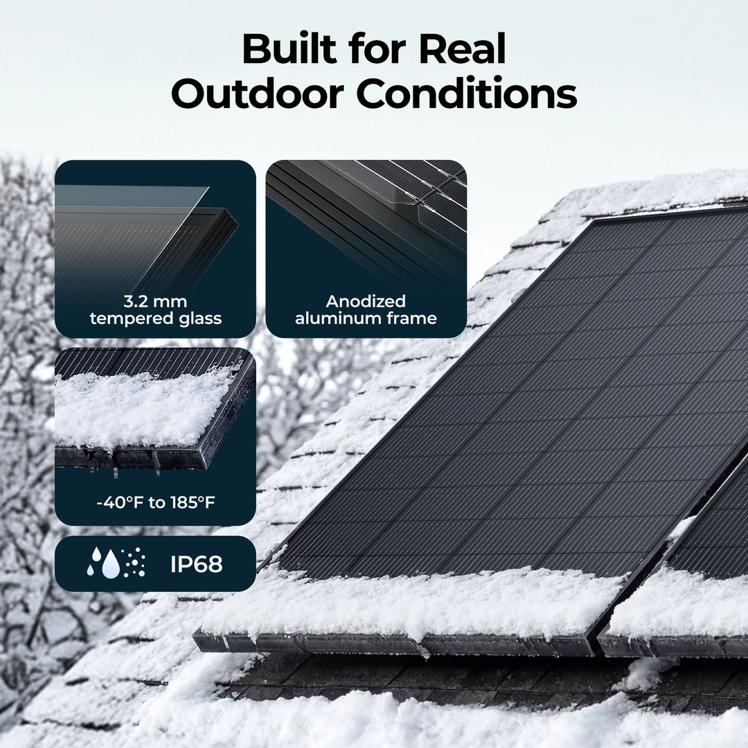 BougeRV 200W N-Type ShadePower rigid solar panel with 3.2 mm tempered glass, anodized aluminum frame, -40°F to 185°F operating temperature and IP68 protection