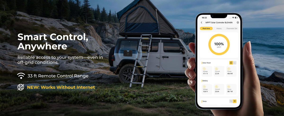 BougeRV MPPT solar charge controller with 33 ft Bluetooth control and offline operation without internet