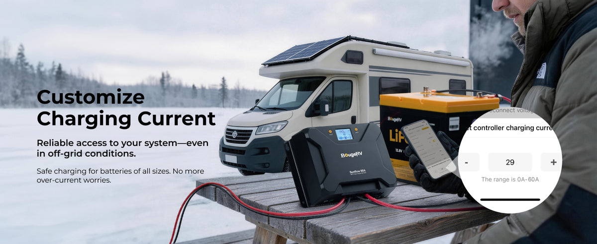 BougeRV MPPT solar charge controller with adjustable charging current for different battery capacities