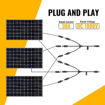 Solar Y Branch Connectors Solar Panel Parallel Connectors 1 to 3 Solar Cable Wire Plug Tool Kit (2 Pairs/M/FFF and F/MMM)
