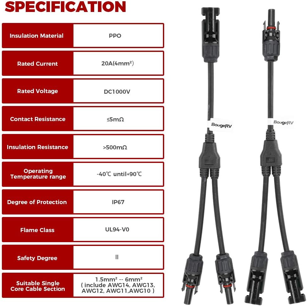20Ft 10AWG Solar Extension Cable and 1 Pair of Solar Y Branch Parallel Connectors