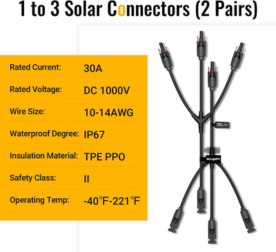 Solar Y Branch Connectors Solar Panel Parallel Connectors 1 to 3 Solar Cable Wire Plug Tool Kit (2 Pairs/M/FFF and F/MMM)