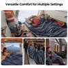 BougeRV 12V portable heated blanket shown in camping, car, sports event, patio, and RV outdoor settings