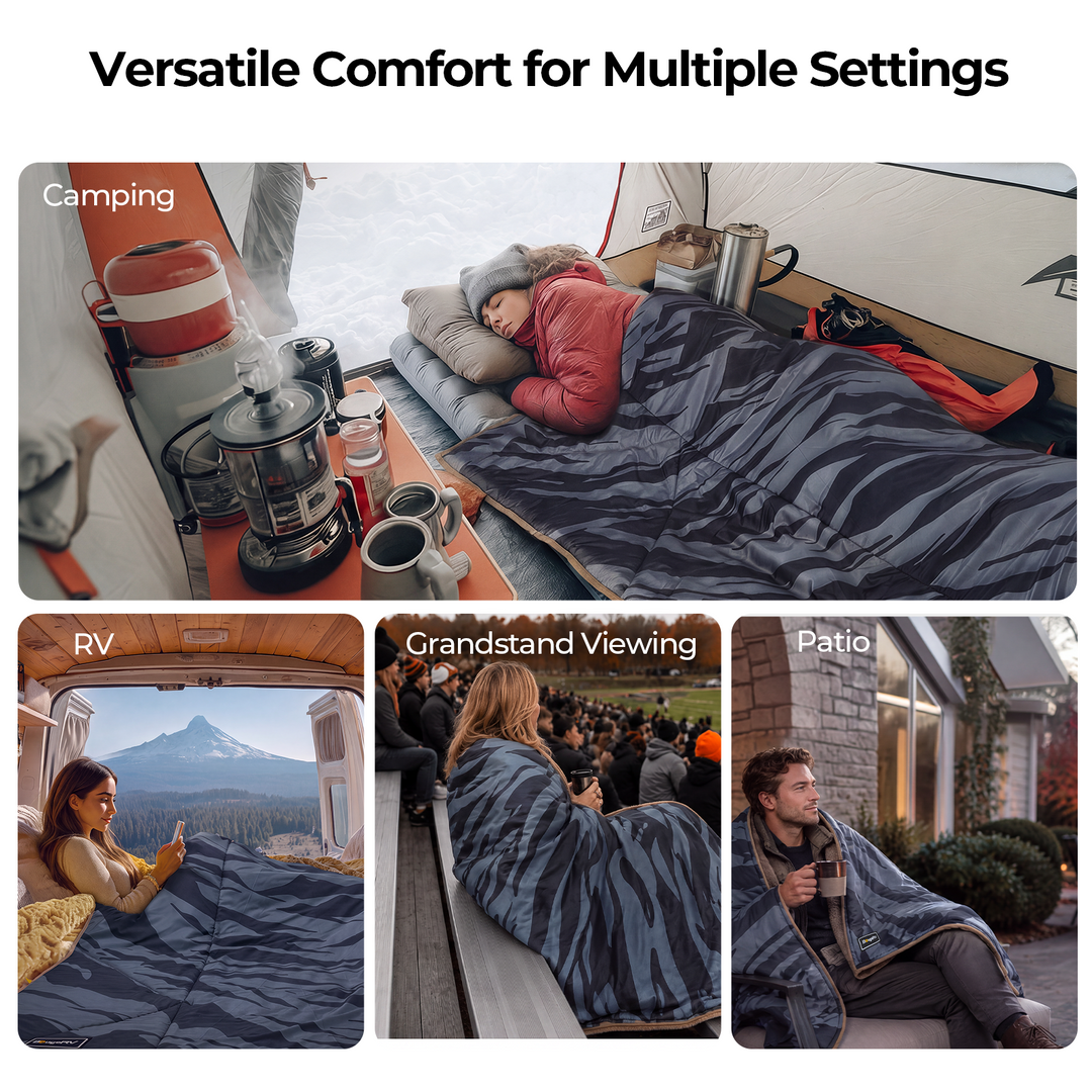 BougeRV 12V portable heated blanket shown in camping, car, sports event, patio, and RV outdoor settings